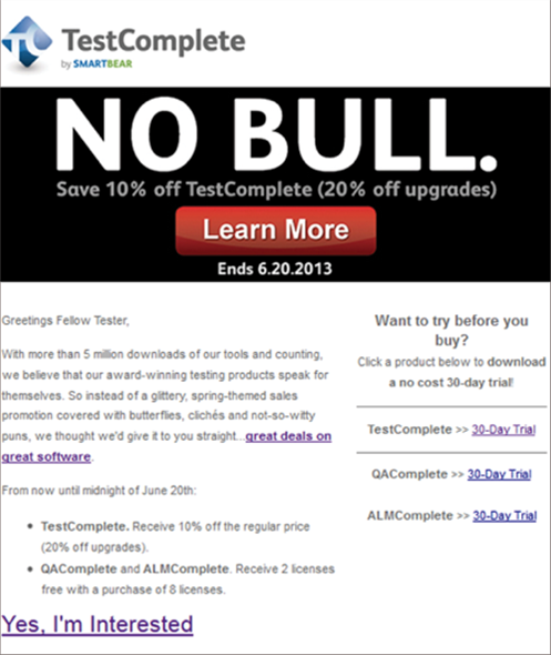 Một email thông thường quảng cáo cho TestComplete from SmartBear