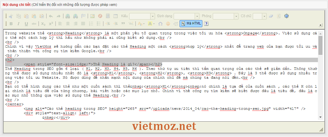 Dùng Code để sử dụng thẻ Heading