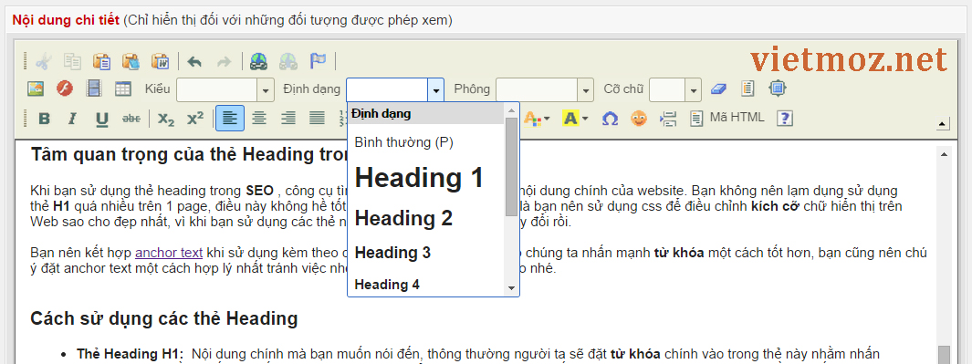Sử dụng thẻ Heading trong khung soạn thảo