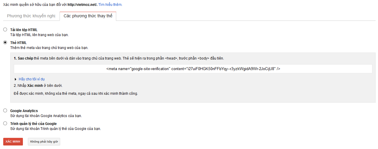 Xác minh bằng cách thêm thẻ meta name