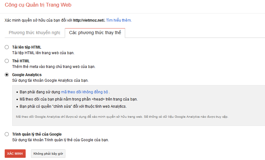 Xác minh bằng cách xác minh quyền sở hữu Google Analytics